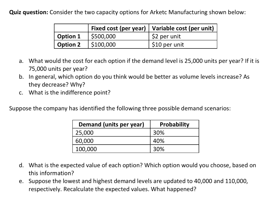 Quiz question: Consider the two capacity options