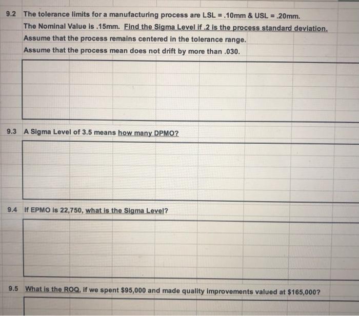 9.2 The tolerance limits for a manufacturing