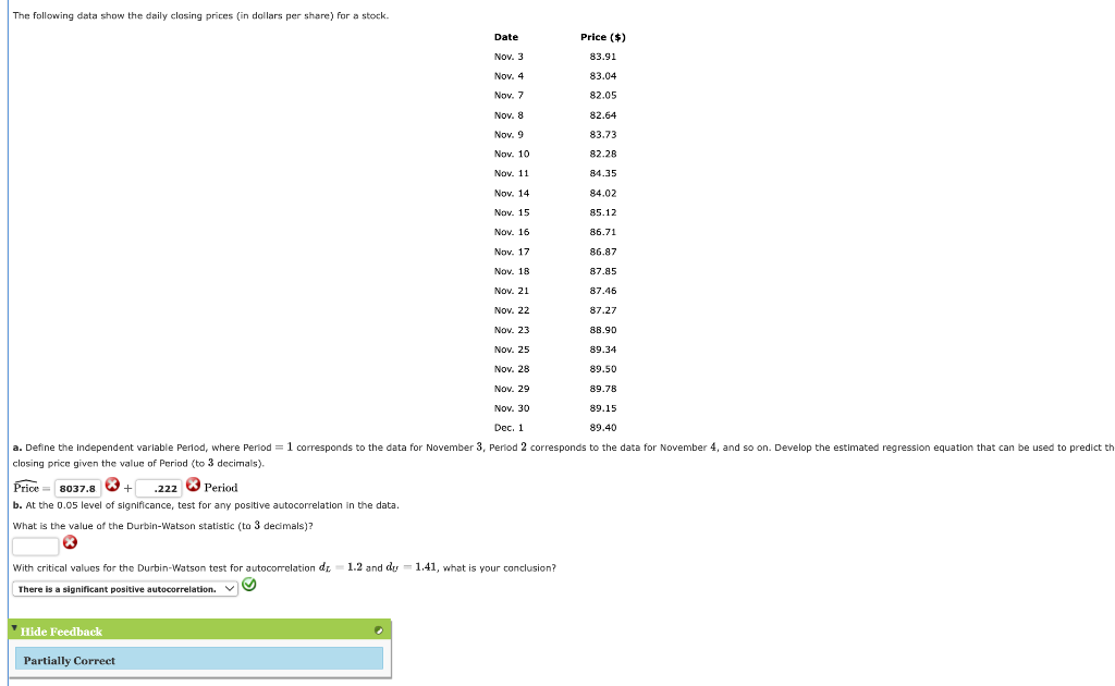 The following data show the daily clasing prices