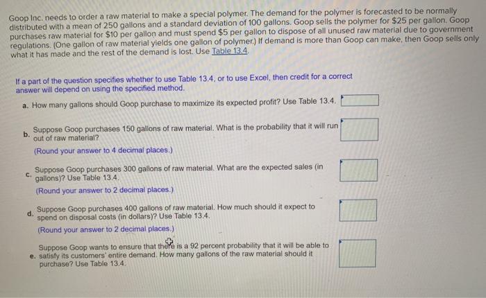 Goop Inc. needs to order a raw material to make a