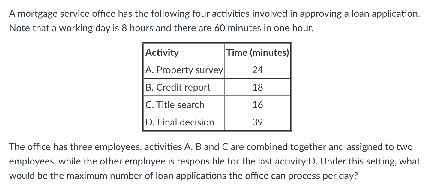 A mortgage service office has the following four