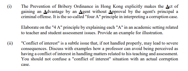 (1) The Prevention of Bribery Ordinance in Hong