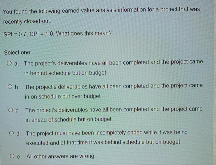 #20 You found the following earned value analysis