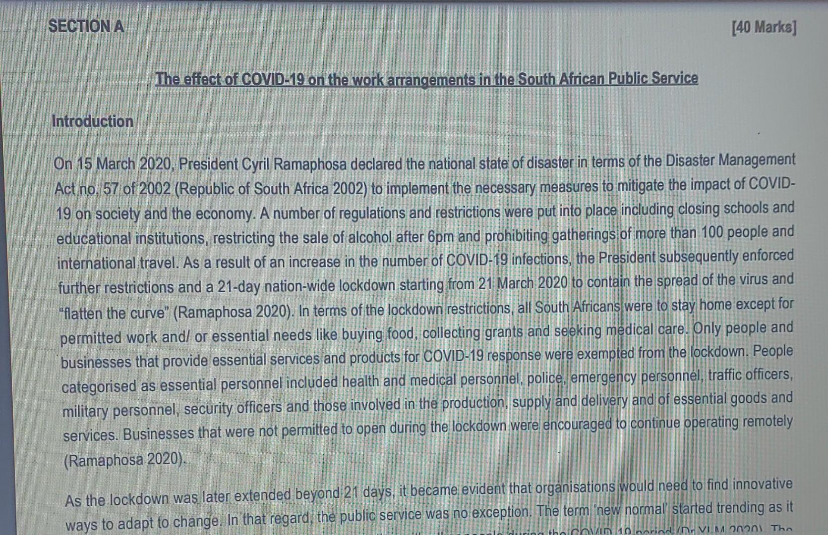 SECTION A [40 Marks] The effect of COVID-19 on