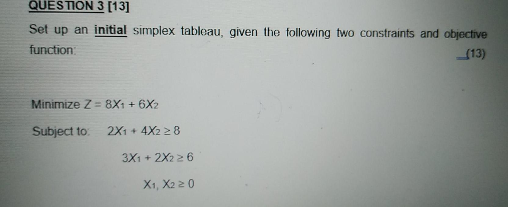 QUESTION 3 [13] Set up an initial simplex
