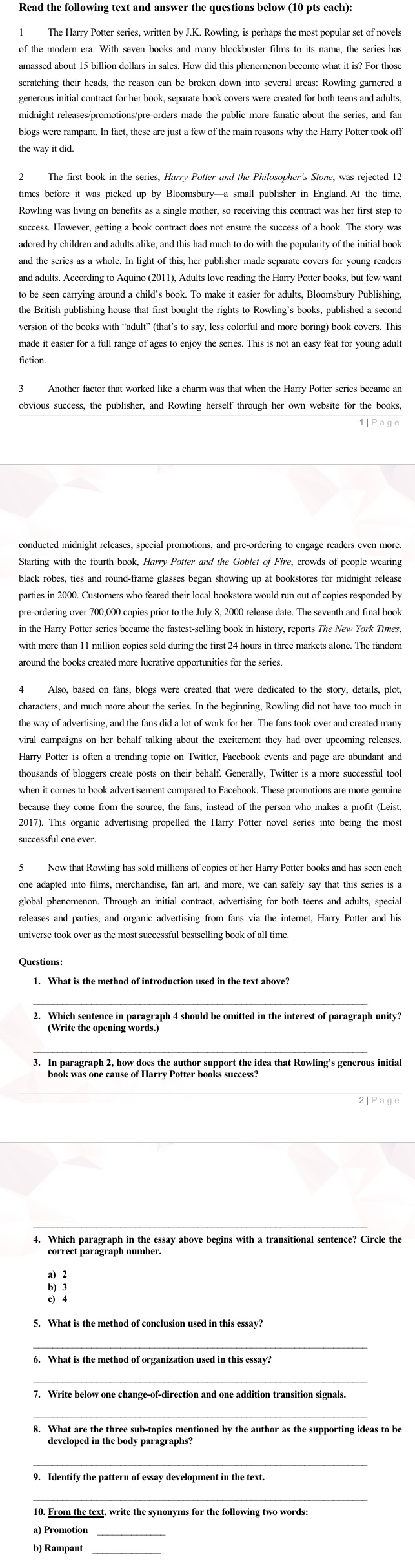 need answers for the questions for my assignment