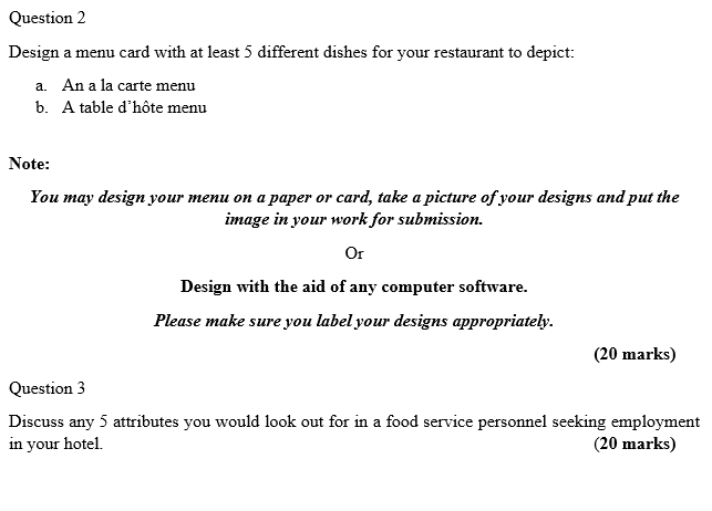 Question 2 Design a menu card with at least 5