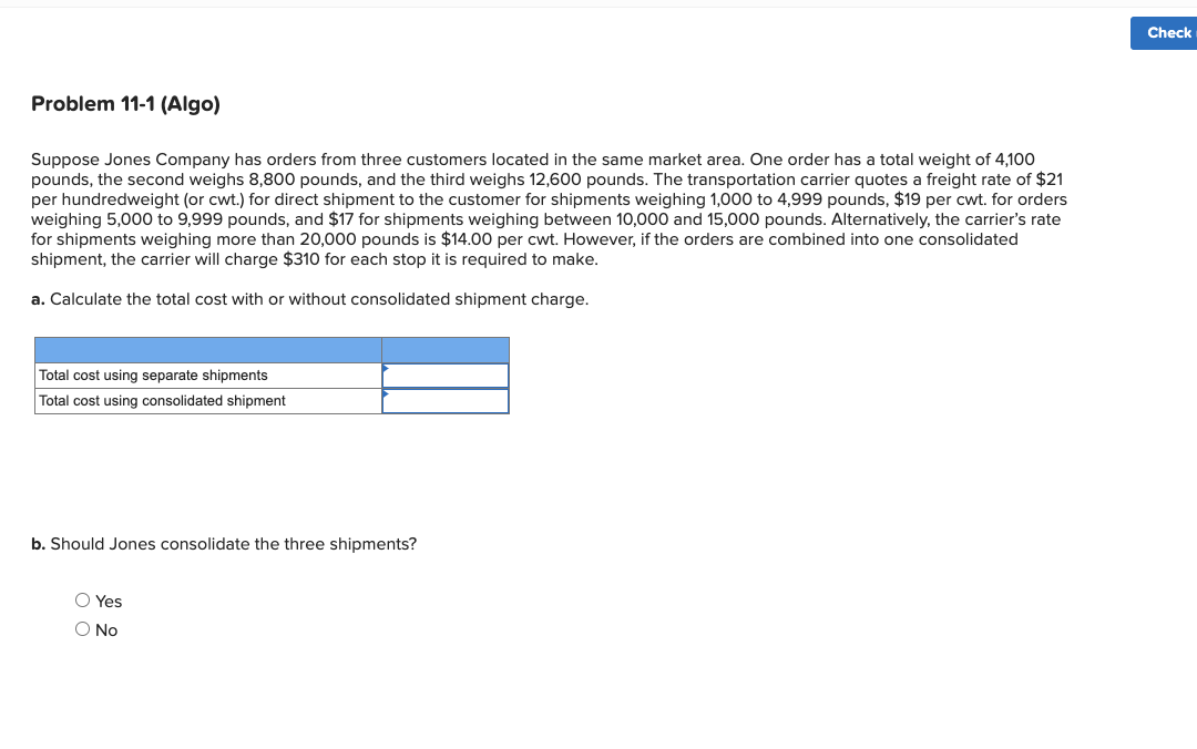 Check Problem 11-1 (Algo) Suppose Jones Company