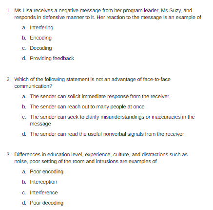 1. Ms Lisa receives a negative message from her