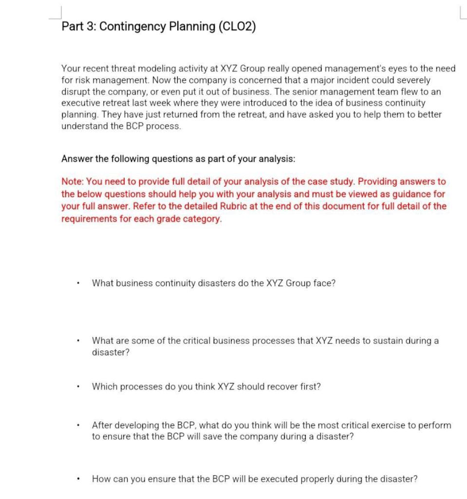 Part 3: Contingency Planning (CLO2) Your recent