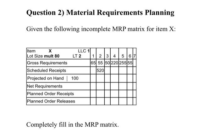 Question 2) Material Requirements Planning Given