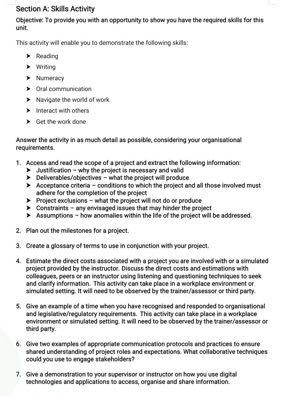 Section A: Skills Activity Objective: To provide
