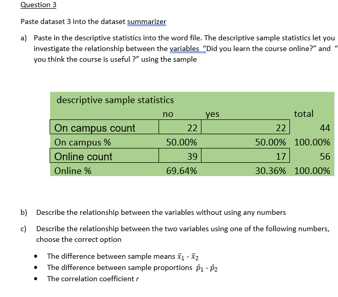 Question 3 Paste dataset 3 into the dataset