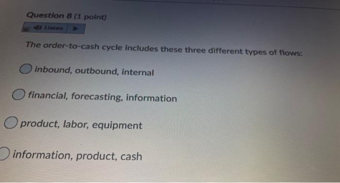 Question 8 (1 point) The order-to-cash cycle