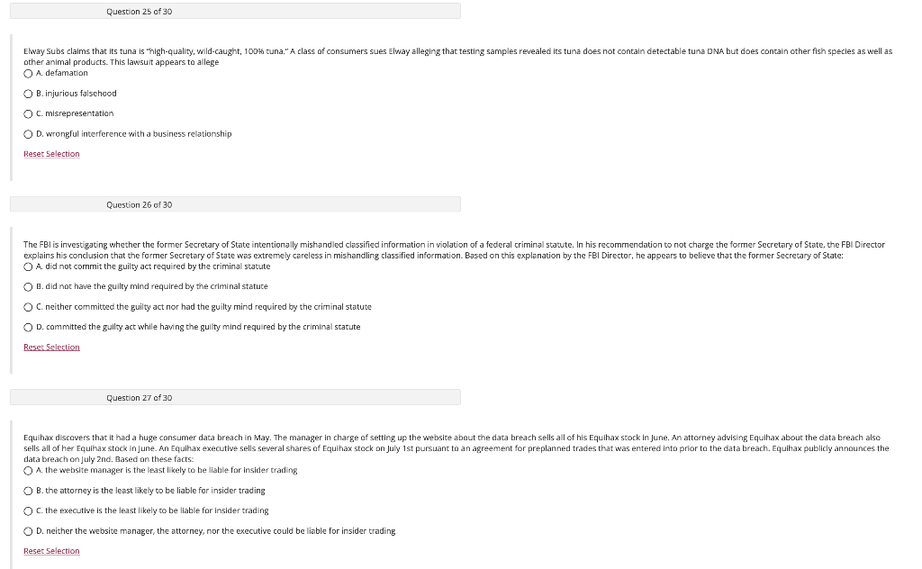 Question 25 of 30 Ehway Subs claims that its tuna