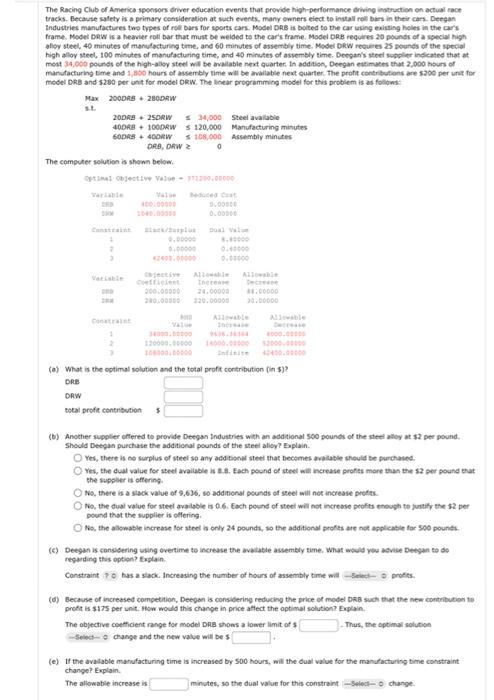 please answer all parts, will upvote! The Racing