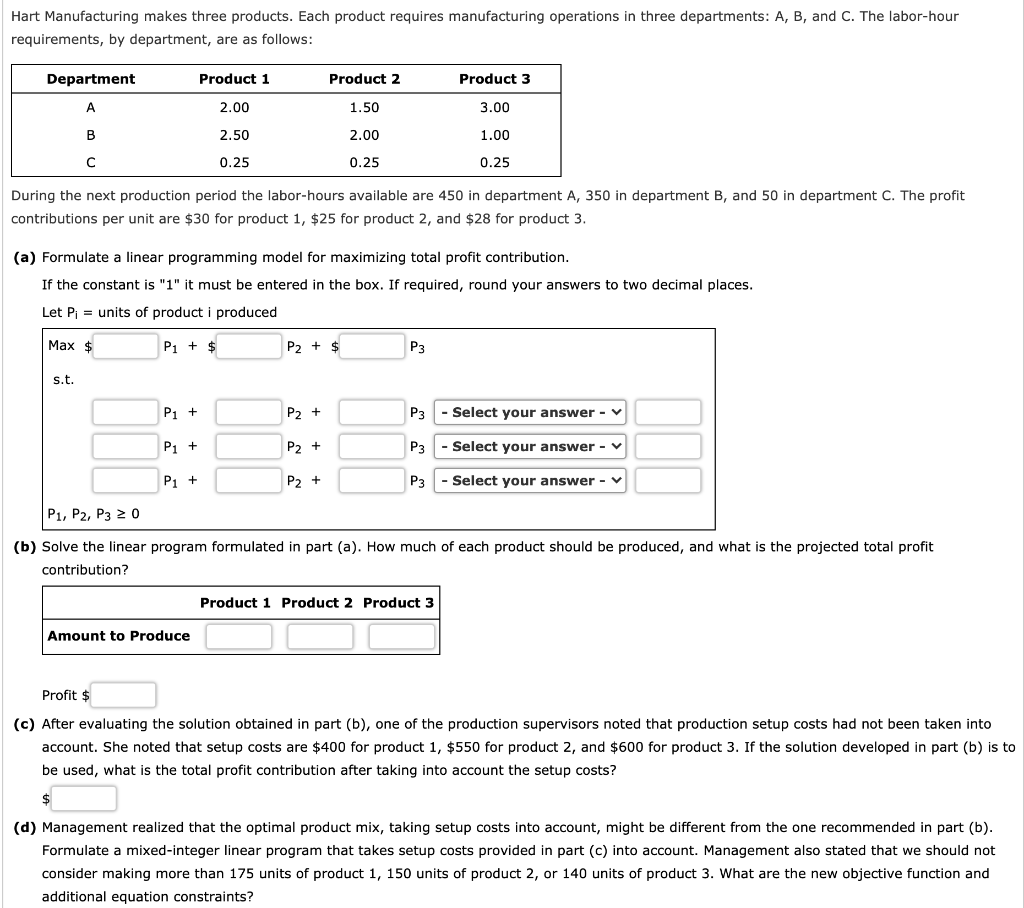 Hart Manufacturing makes three products. Each