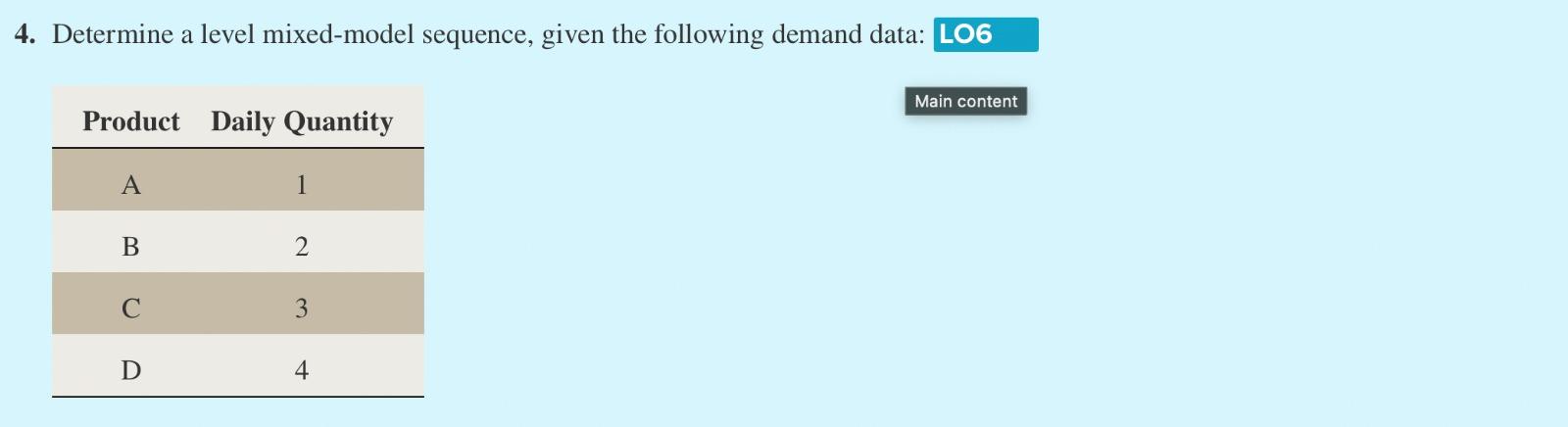 4. Determine a level mixed-model sequence, given