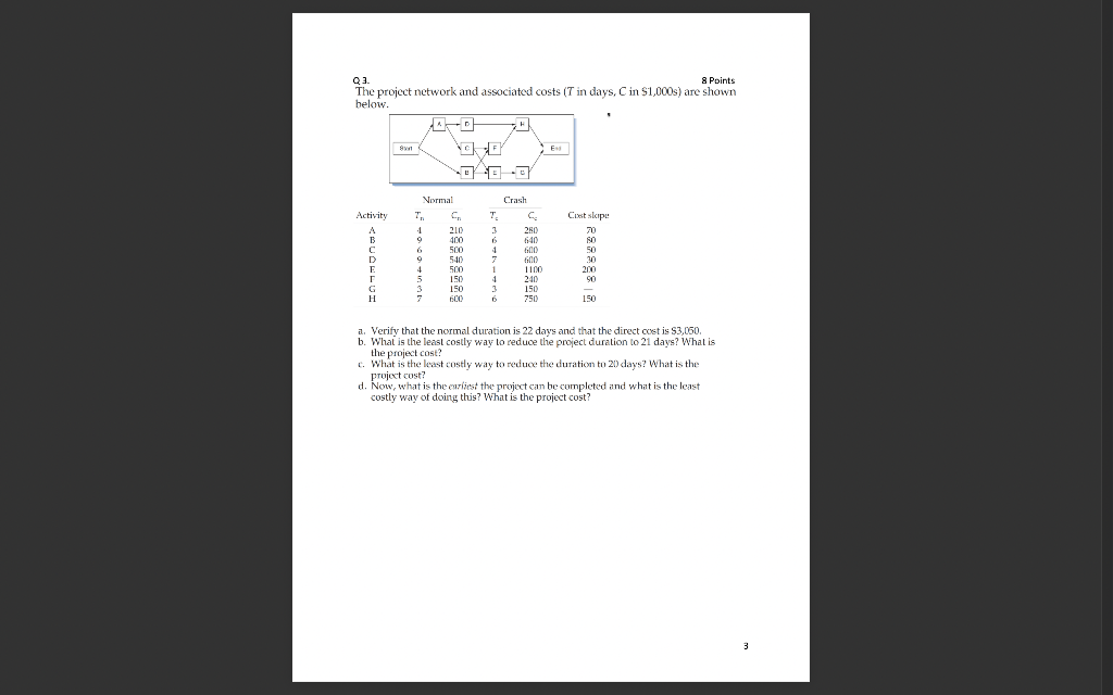 Q3. 8 Points The project network and associated