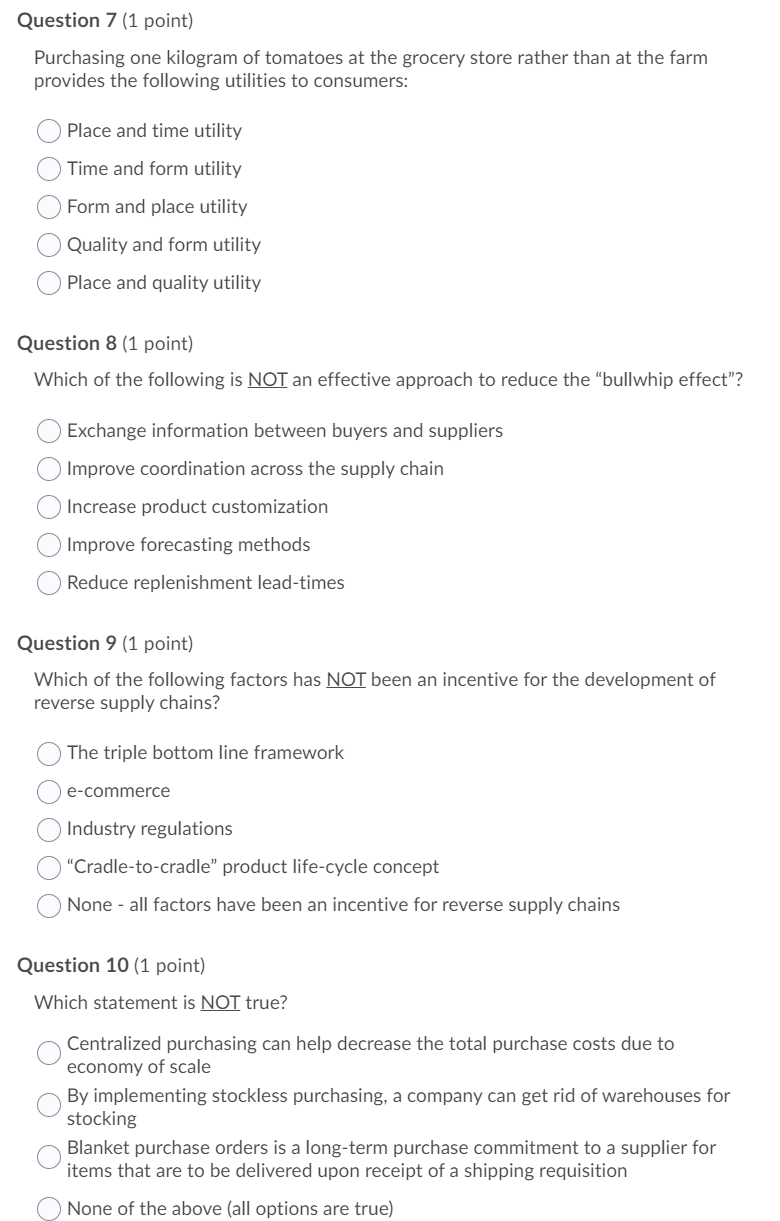 Question 7 (1 point) Purchasing one kilogram of