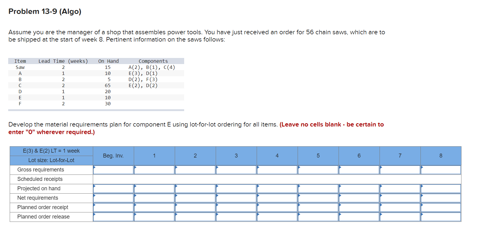 Problem 13-9 (Algo) Assume you are the manager of