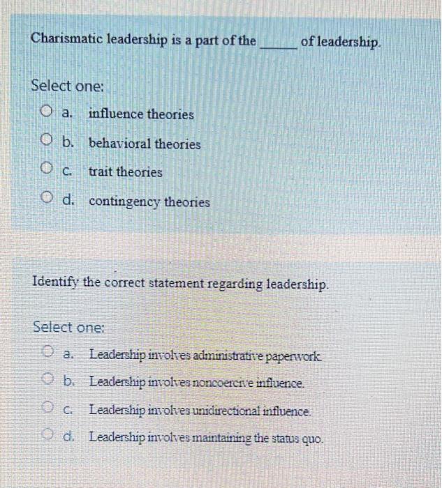 Charismatic leadership is a part of the of