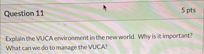 Question 11 5 pts Explain the VUCA environment in