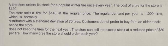 please do with no excel, thanks A tire store