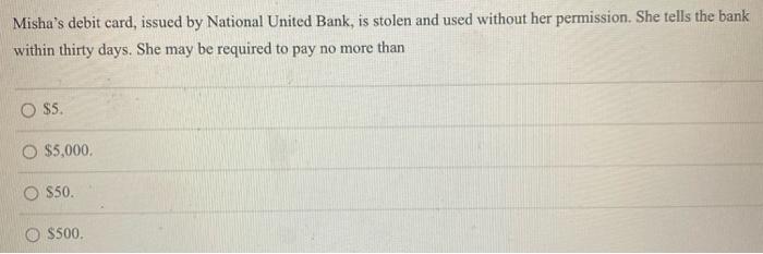 #33 Misha's debit card, issued by National United