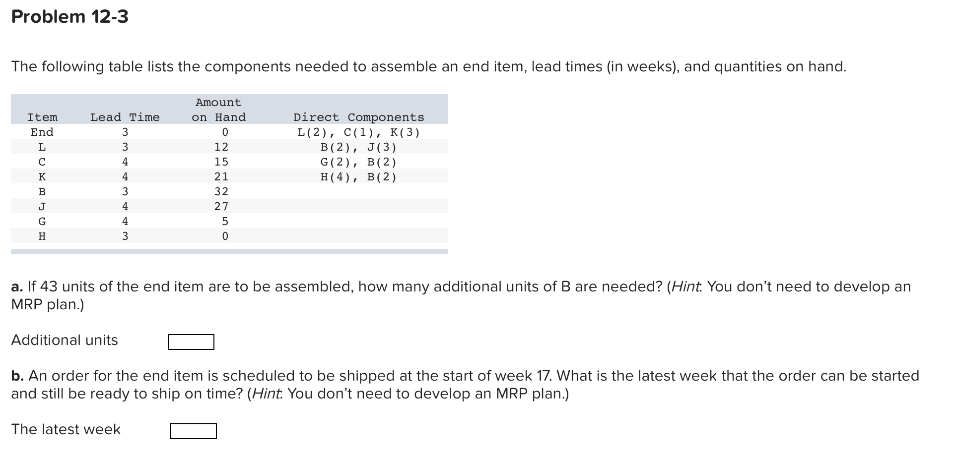 Problem 12-3 The following table lists the