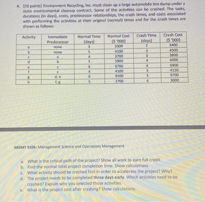 4. (20 points) Environment Recycling, Inc. must