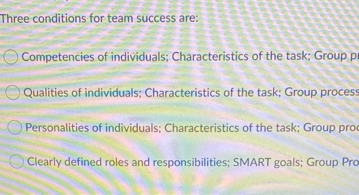Three conditions for team success are: