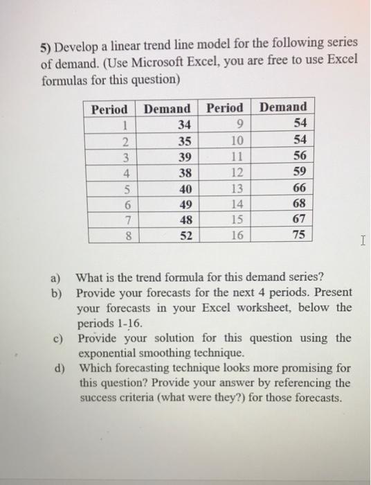 5) Develop a linear trend line model for the
