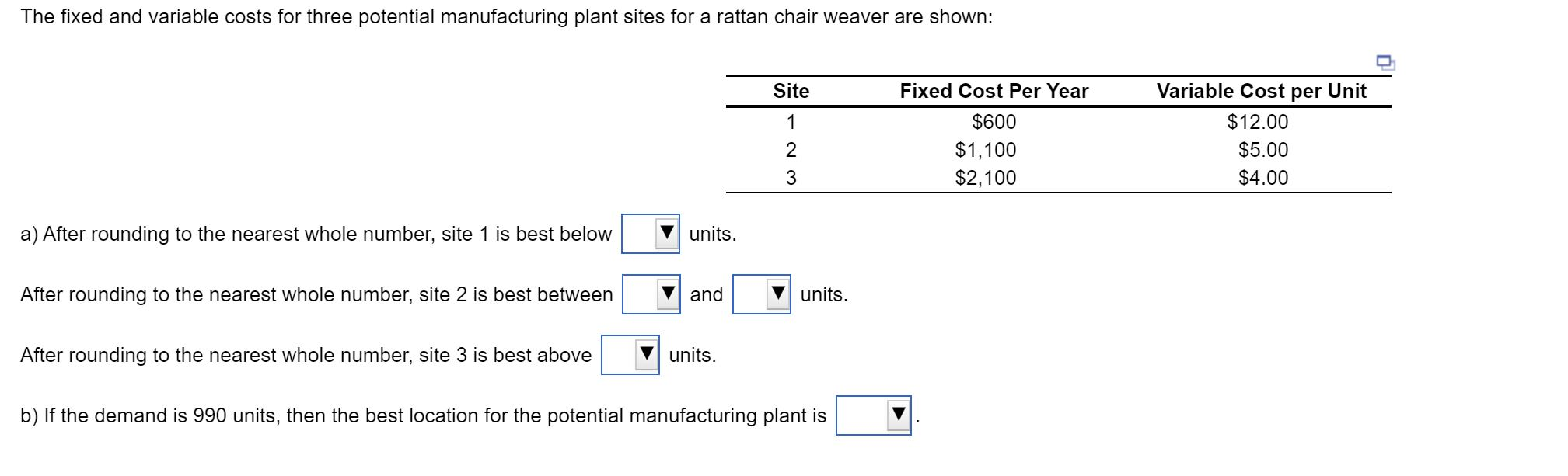 The fixed and variable costs for three potential