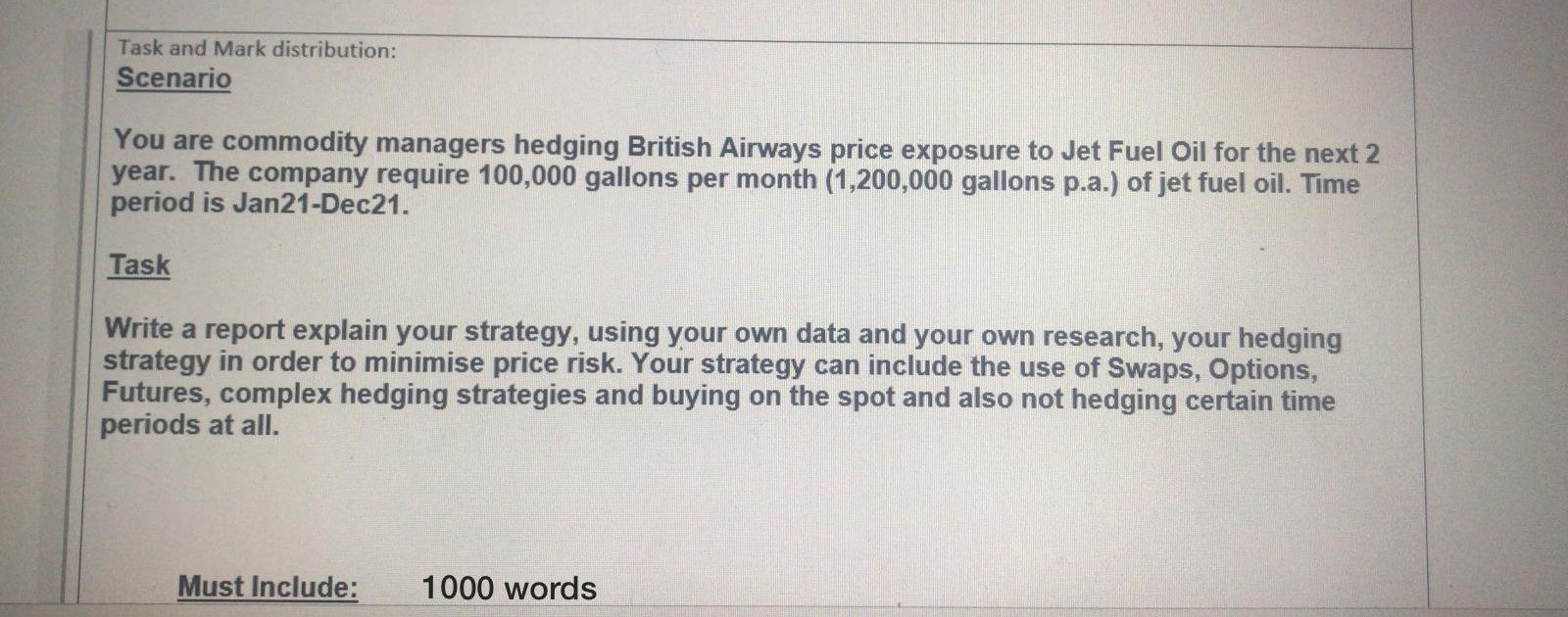 Task and Mark distribution: Scenario You are