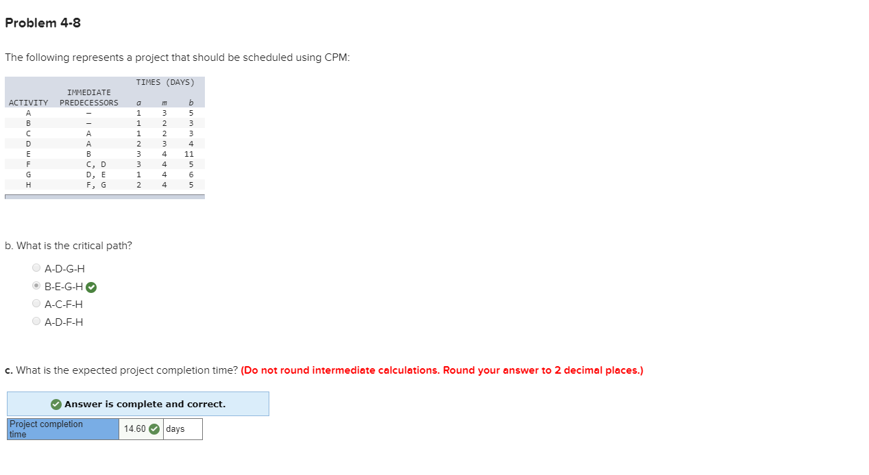 Problem 4-8 The following represents a project