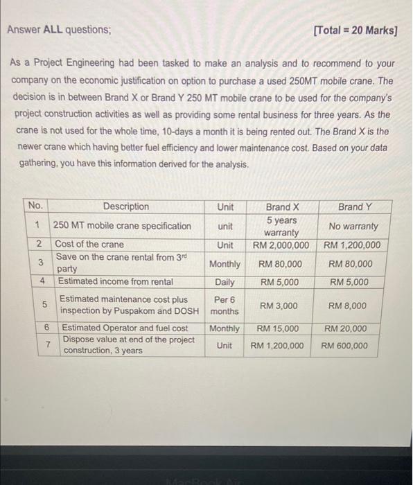 Answer ALL questions; [Total = 20 Marks] As a