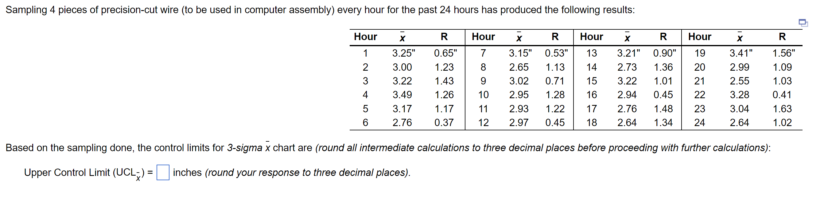 Upper Control Limit (UCLx)= inches (round your