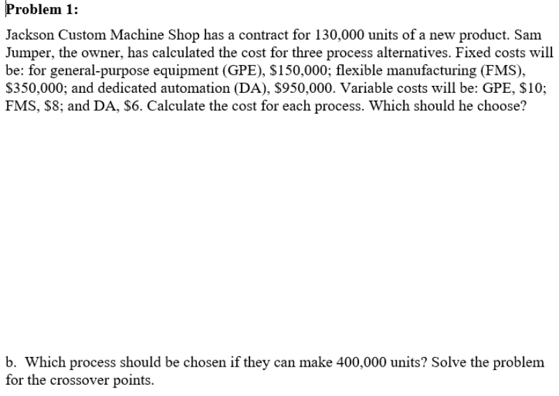 Problem 1: Jackson Custom Machine Shop has a