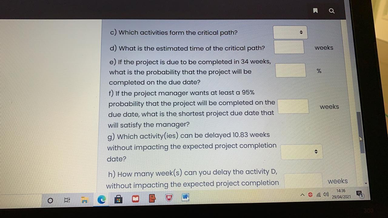 c) Which activities form the critical path? weeks