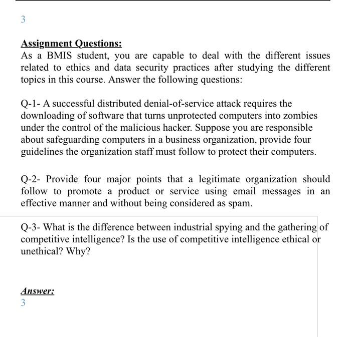 3 Assignment Questions: As a BMIS student, you