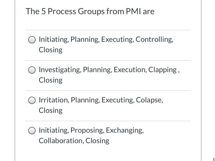 The 5 Process Groups from PMI are Initiating,