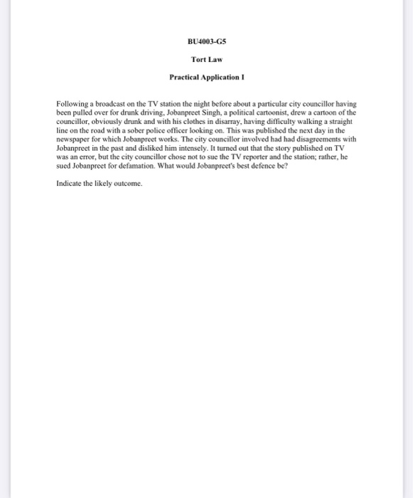BU4003-G5 Tort Law Practical Application 1