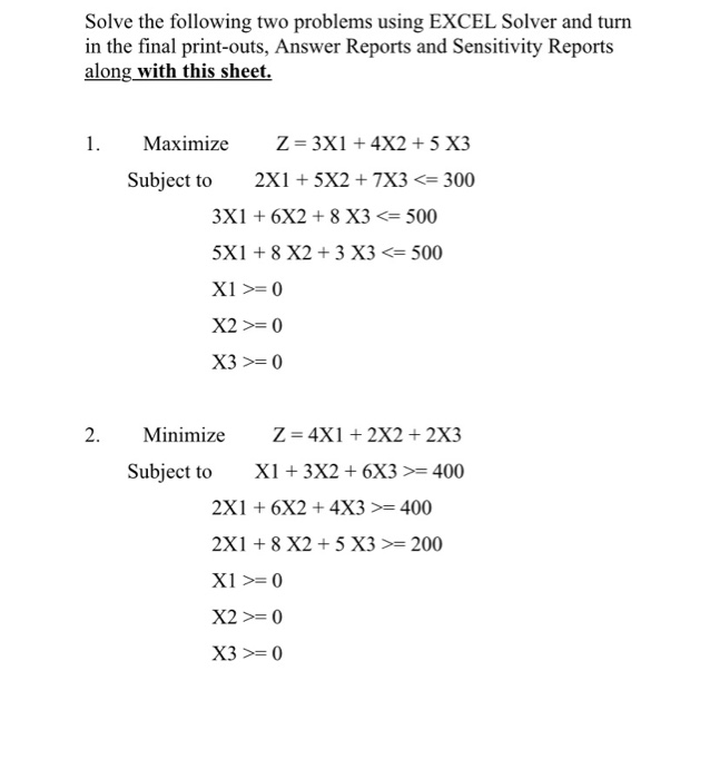Solve the following two problems using EXCEL