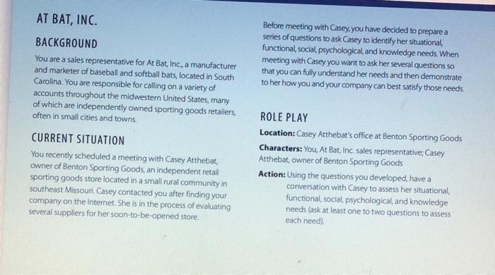 AT BAT, INC. BACKGROUND You are a sales