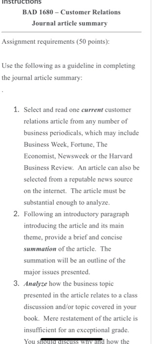 structions BAD 1680 - Customer Relations Journal