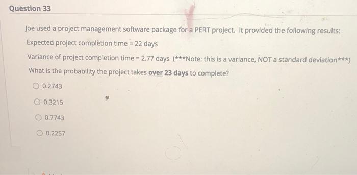 Question 33 Joe used a project management