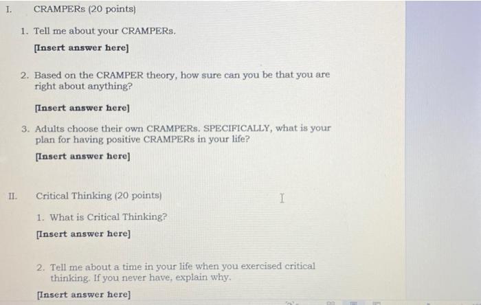 1. CRAMPERS (20 points) 1. Tell me about your