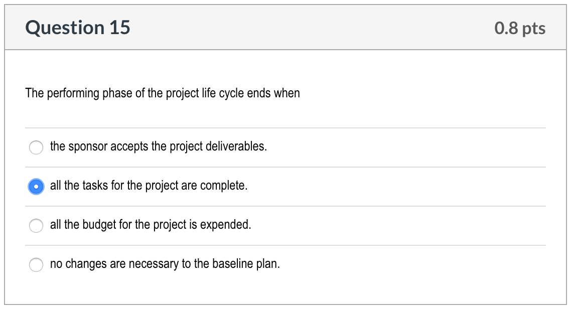 Question 15 0.8 pts The performing phase of the