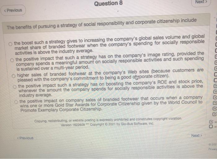 Question 8 Next > < Previous The benefits of